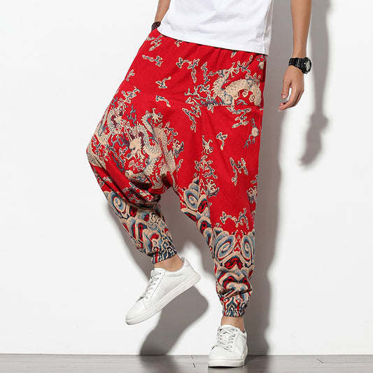 Men's Summer Bohemian Loose Wide-leg Elephant Flower Beach Pants