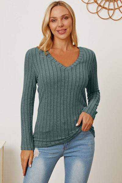 Full Size Ribbed V-Neck Long Sleeve T-Shirt - Munsieur