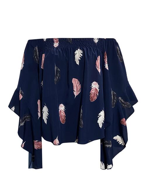 Feather Print Smocked Off-Shoulder Blouse - Munsieur