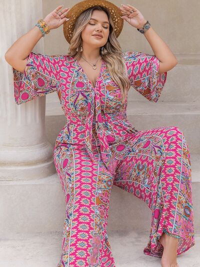 Plus Size Printed Half Sleeve Wide Leg Jumpsuit - Munsieur