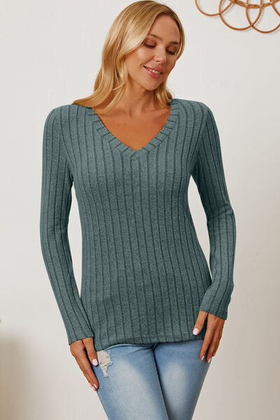 Full Size Ribbed V-Neck Long Sleeve T-Shirt - Munsieur