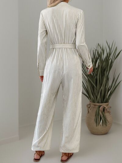 Striped Notched Long Sleeve Tie Waist Jumpsuit - Munsieur