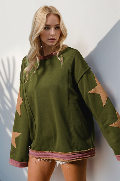 Double Take Star Patched Long Sleeve Sweatshirt for Style - Munsieur