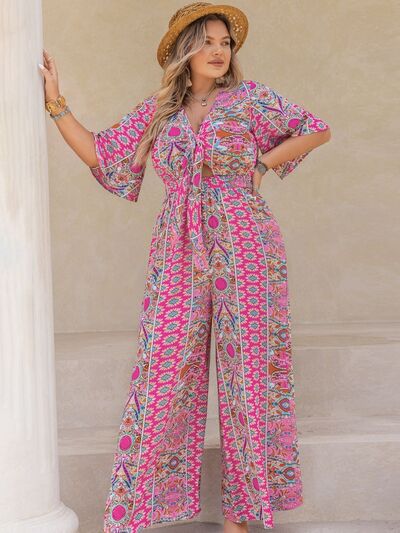 Plus Size Printed Half Sleeve Wide Leg Jumpsuit - Munsieur