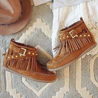 Fringe Studded Suede Flat Boots - Munsieur
