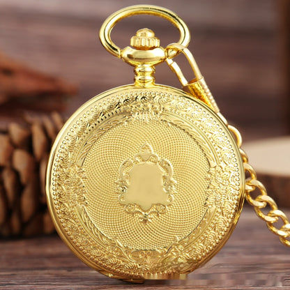 Gold Double-sided Carved Shield Manual Manipulator Pocket Watch