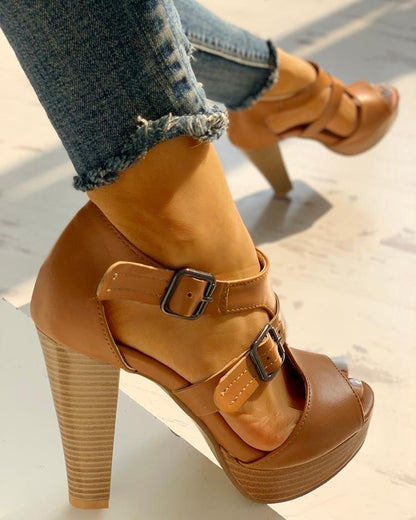 Women's Fashion All-match Fish Mouth Chunky High Heels