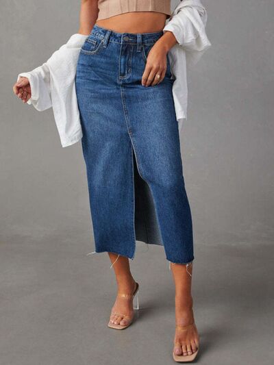 Raw Hem Front Slit Denim Midi Skirt - Munsieur