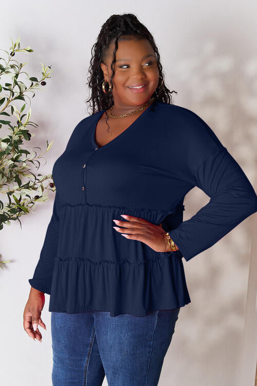 Double Take Half Button Long Sleeve Ruffle Hem Blouse - Munsieur