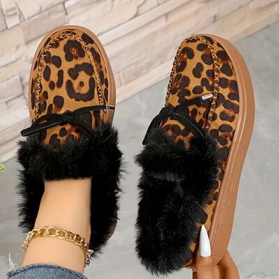 Bow Furry Round Toe Flat Slip-Ons - Munsieur
