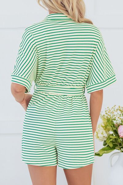 Striped Half Sleeve Tie Waist Romper - Munsieur
