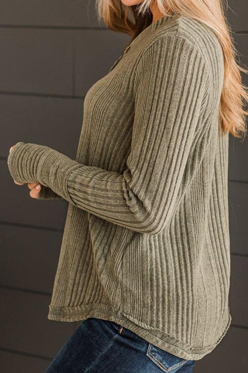 Ribbed Buttoned Long Sleeve Blouse - Munsieur