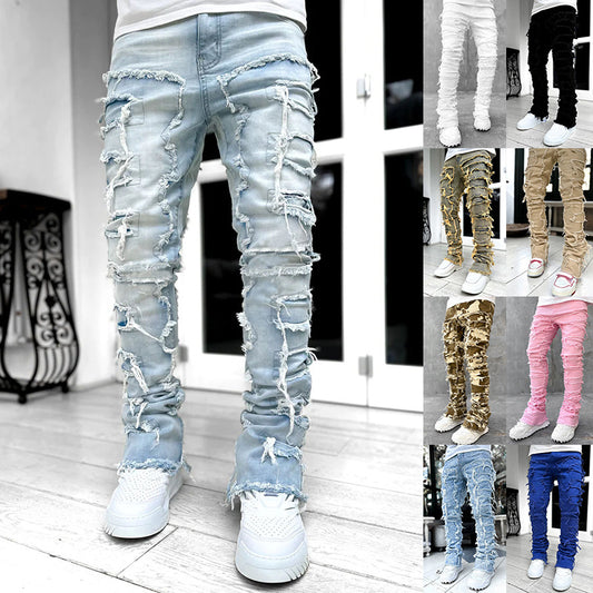 Men's Patched Pants Long Tight Fit Stacked Pants For Men