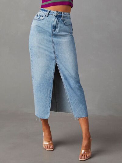 Raw Hem Front Slit Denim Midi Skirt - Munsieur