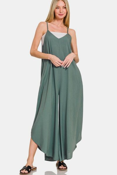 Zenana Sleeveless Curved Hem Wide Leg Overalls with Pockets - Munsieur