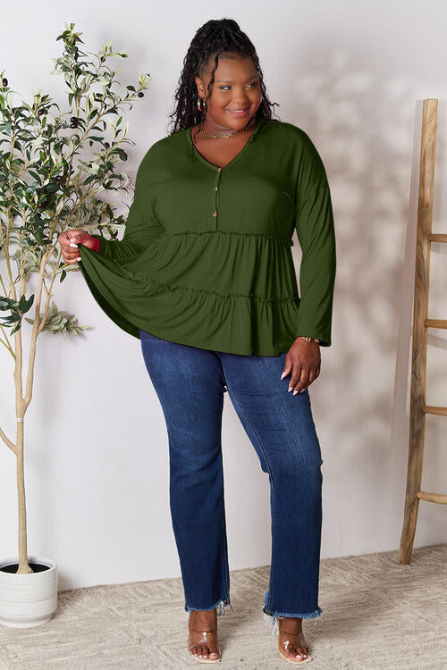 Double Take Half Button Long Sleeve Ruffle Hem Blouse - Munsieur