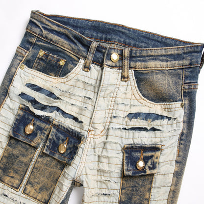 Men's Spliced Cut-off Multi-pocket Trendy Slim Fit Mid-rise Pants