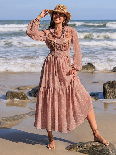 Embroidered Polka Dot Tie Neck Long Sleeve Midi Dress - Munsieur