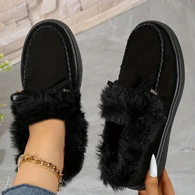 Bow Furry Round Toe Flat Slip-Ons - Munsieur
