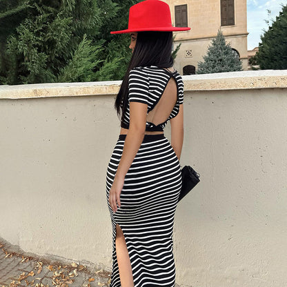 Women's Skirt Set Sunken Stripe Casual Striped Backless Top Slim-fit Skirt Set