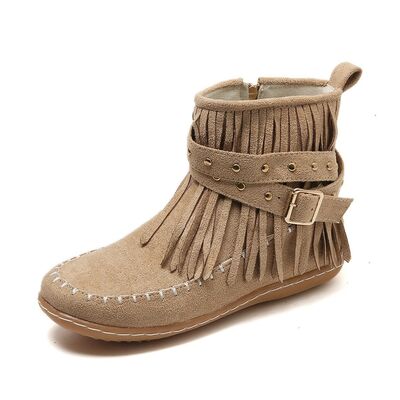 Fringe Studded Suede Flat Boots - Munsieur