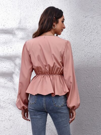 V-Neck Balloon Sleeve Peplum Blouse - Munsieur
