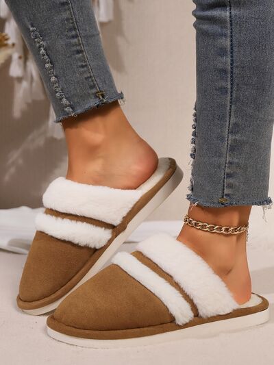 Contrast Faux Fur Round Toe Slippers - Munsieur