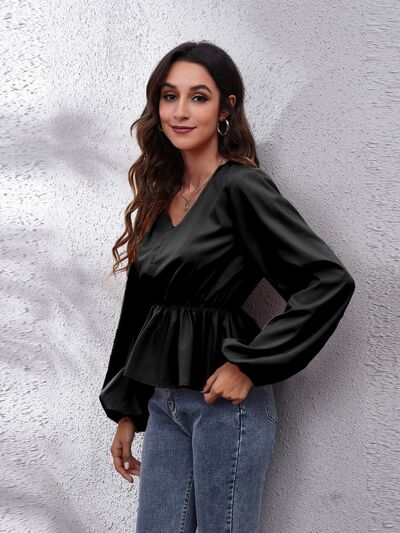 V-Neck Balloon Sleeve Peplum Blouse - Munsieur