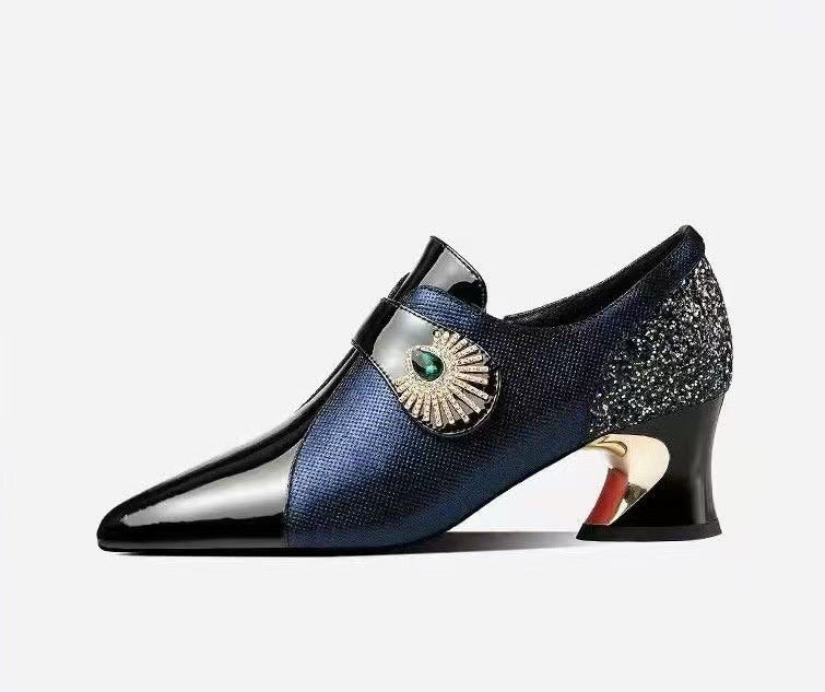 Women's Fashion Rhinestone Soft Leather Mid Heel Deep Mouth Pumps