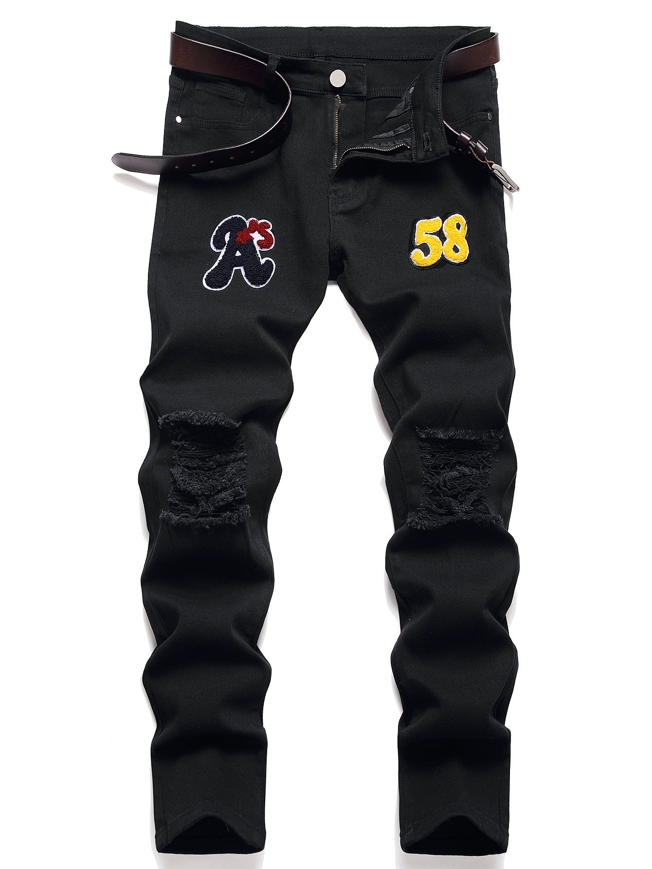 Men's Black Designer Patched Pants High Quality Fabric Slim-fitting