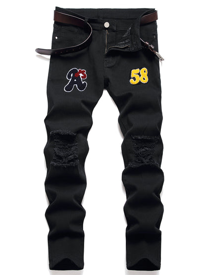 Men's Black Designer Patched Pants High Quality Fabric Slim-fitting