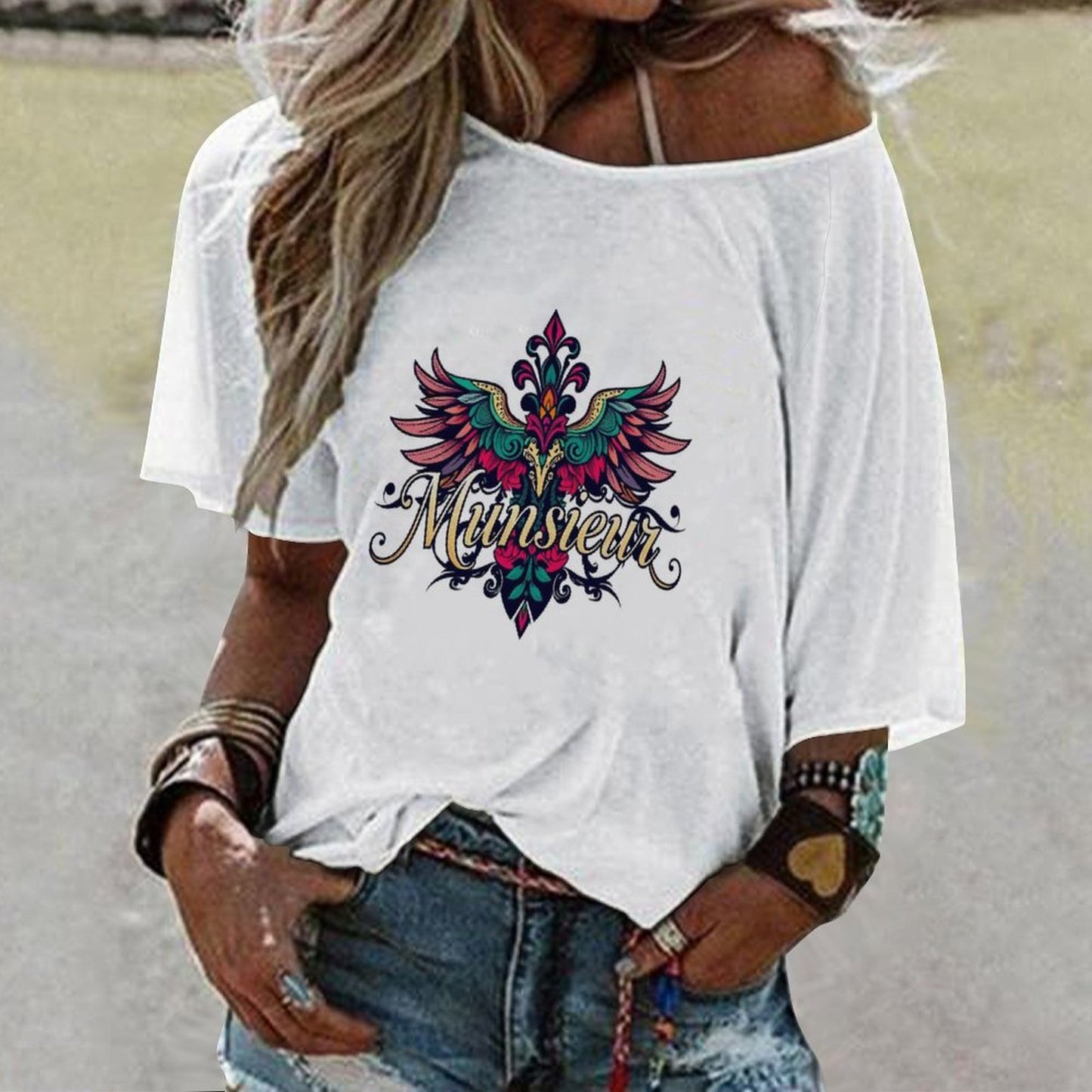 Munsieur Women's Off the Shoulder Half-Sleeve T-shirt