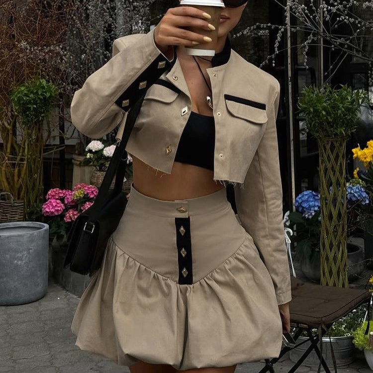 Stand-up Collar Long Sleeve Skirt Two-piece Set - Munsieur