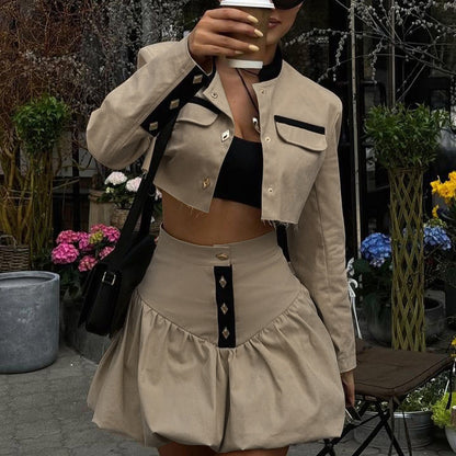 Stand-up Collar Long Sleeve Skirt Two-piece Set - Munsieur