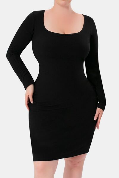 Full Size Built-In Shapewear Square Neck Long Sleeve Dress - Munsieur