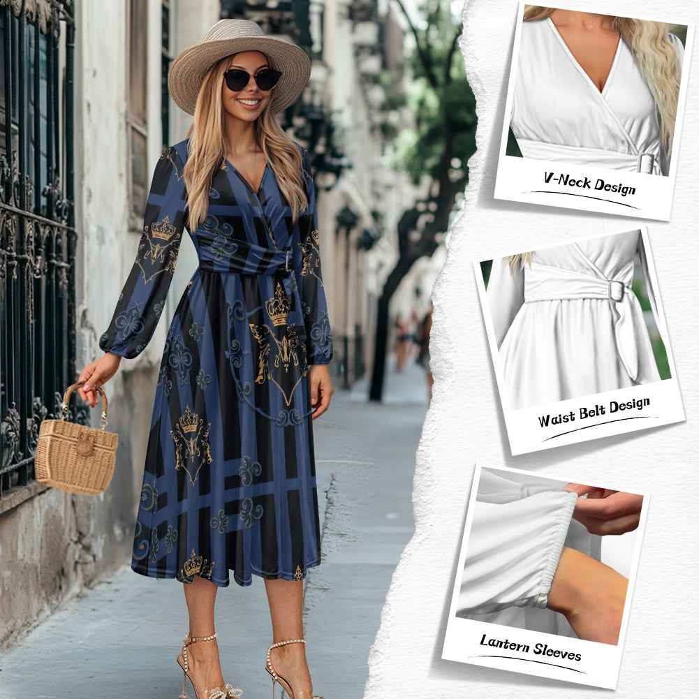 V-Neck Long Sleeve Tie Waist Midi Dress