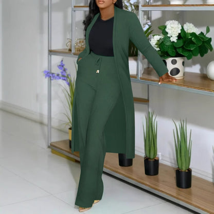 Women's Long Cardigan Jacket Sunken Business suit Stripe Wide Leg Two-piece Set