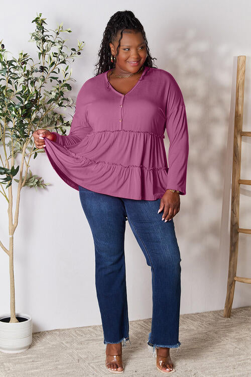 Double Take Half Button Long Sleeve Ruffle Hem Blouse - Munsieur