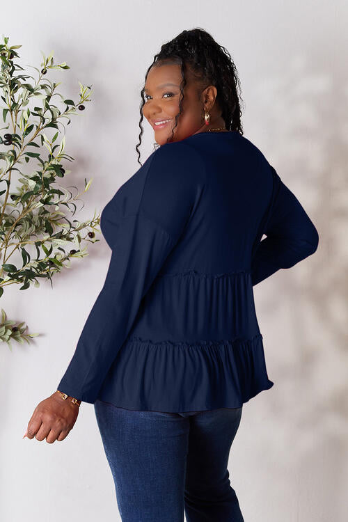 Double Take Half Button Long Sleeve Ruffle Hem Blouse - Munsieur