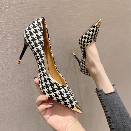 Women's Plaid Pointed Toe Stiletto Pumps High Heels