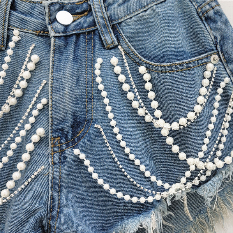 **Sale** Denim Bottoms Women's Summer High Waist Slimming Rhinestone Drip