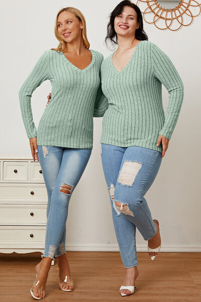 Full Size Ribbed V-Neck Long Sleeve T-Shirt - Munsieur