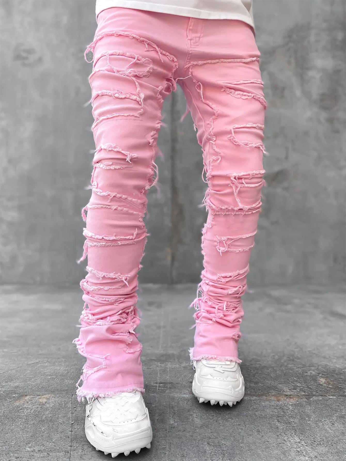 Men's Patched Pants Long Tight Fit Stacked Pants For Men
