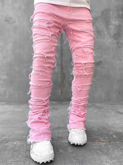 Men's Patched Pants Long Tight Fit Stacked Pants For Men