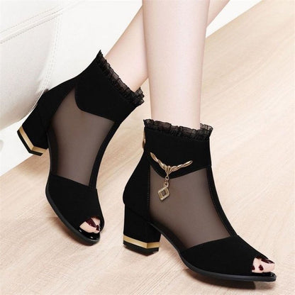 Women's Sexy Frill Hollow Ankle Boots Chunky All Matching - Munsieur