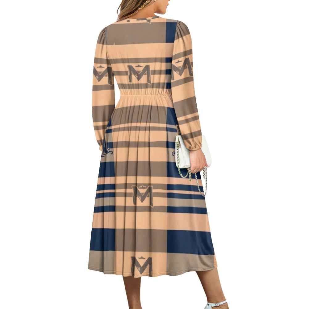 V-Neck Long Sleeve Tie Waist Midi Dress