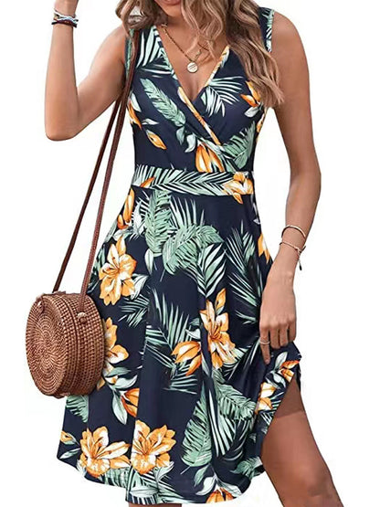 Elegant Sleeveless Printed Pocket Dress Women's