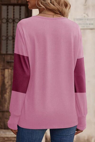 Decorative Button Contrast V-Neck Long Sleeve T-Shirt - Munsieur