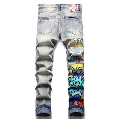 Punk Trendy Retro Blue Ripped Slim-fit Men's Pants
