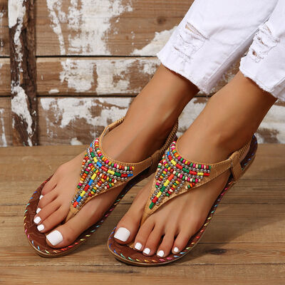 PU Leather Beaded Flat Sandals - Munsieur